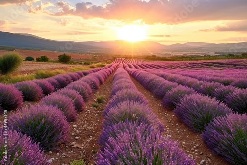 Lavender fields. Summer sunset landscape in Brihuega Lavender