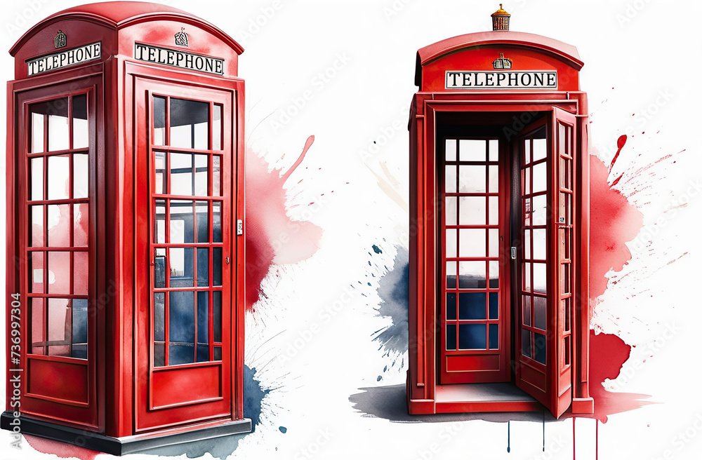 Obraz premium Beautiful watercolor illustration of red London telephone boxes in London, UK.