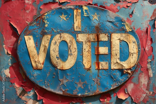 A weathered and rusted sign with the words I vote written on it against a backdrop of torn blue and red.