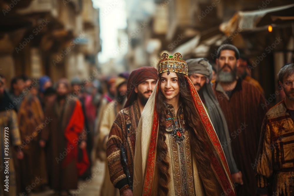 A diverse group of individuals walk together down a bustling city street, celebrating the Jewish holiday of Purim.