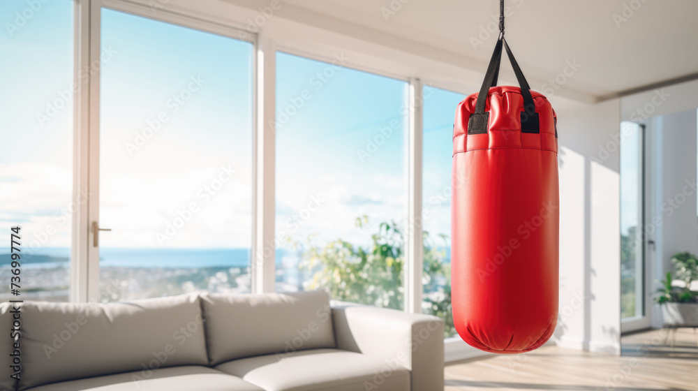 Red box punching bag hanging in a modern apartment, business leadership and workout concept