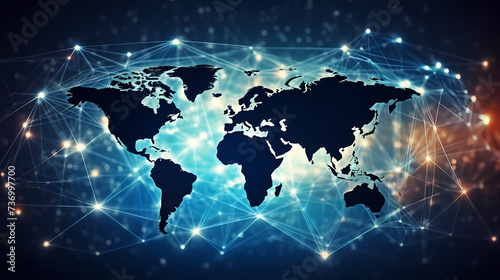 Polygonal mesh network map of the world with lines and points, points and connections