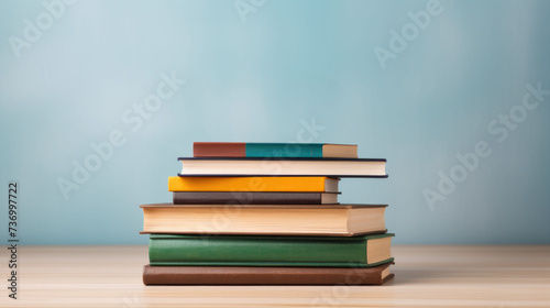 Closeup stack of books on the table on isolated color background