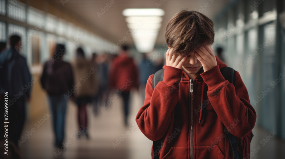 Closeup upset school boy walking on the school corridor and holding his head with hands Closeup upset school boy walking on the school corridor and holding his head with hands