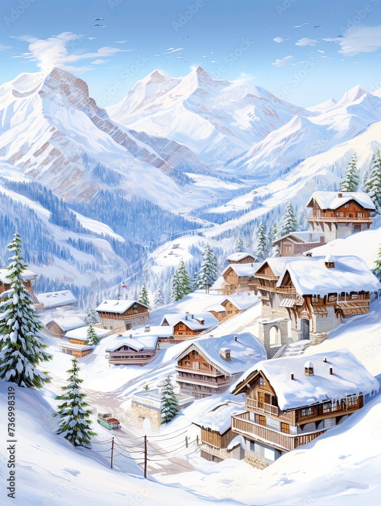 Winter Wonderland in the Alps: Majestic Alpine Villages in Panoramic Scenic Prints