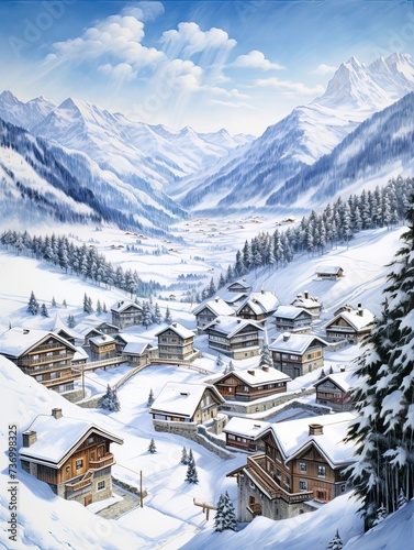 Panoramic Winter Village: Breathtaking Alpine Villages Scenic Prints