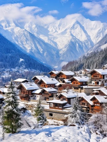 Alpine Winter Wonderland: Snow-Capped Mountain View of an Enchanting Village at the Base of a Majestic Mountain © Michael