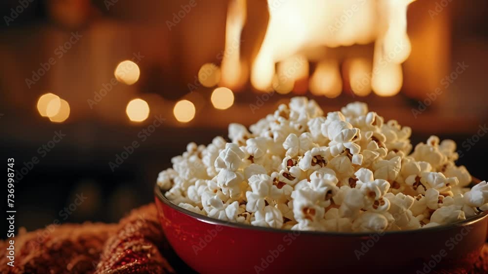 The fires glow casts a warm light on the bowl of fluffy popcorn making it the perfect accompaniment to snuggle up with for a movie night.