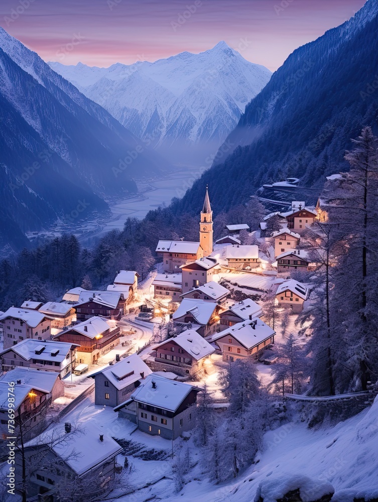 Winter Twilight: Snowy Alpine Villages in Enchanting Evening Alpenglow