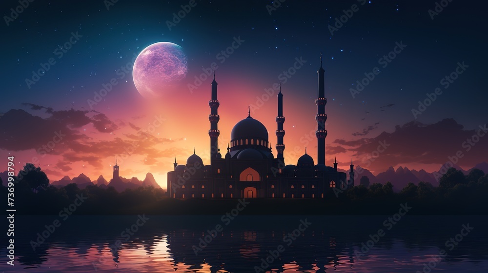 view of the mosque before breaking the fast at sunset with the light of the setting sun, can be used as a background, wallpaper, poster, words etc.