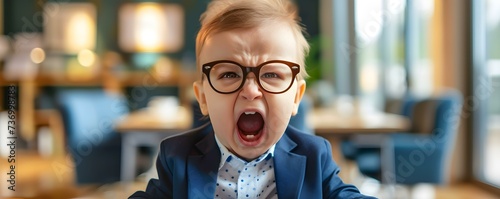 Outraged Baby Business Owner Making a Ruckus in the Corporate Office. Concept Corporate Dysfunction, Outraged Executive, Business Meltdown, Workplace Chaos, Office Drama photo