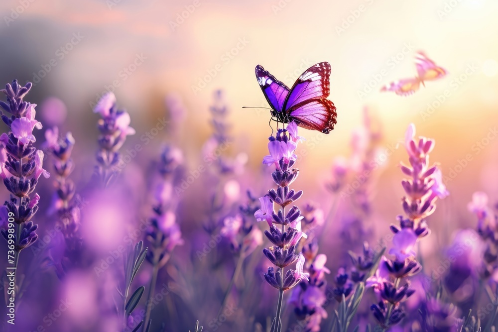 Lavender Purple growing Lavender and flying butterfly in spring morning panoramic view. Lavender Purple growing Lavender and flying butterfly in spring morning panoramic view.