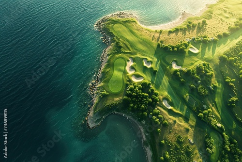 A resort golf course by the ocean, on a beautiful sunny day. A long hole par 5 hole by the sea shore. aerial shot
