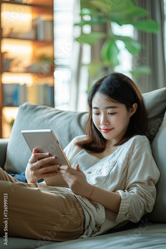 Asian woman lying on the couch using tablet at home in the living room. Digital relaxation: Asian woman immersed in her tablet at home.