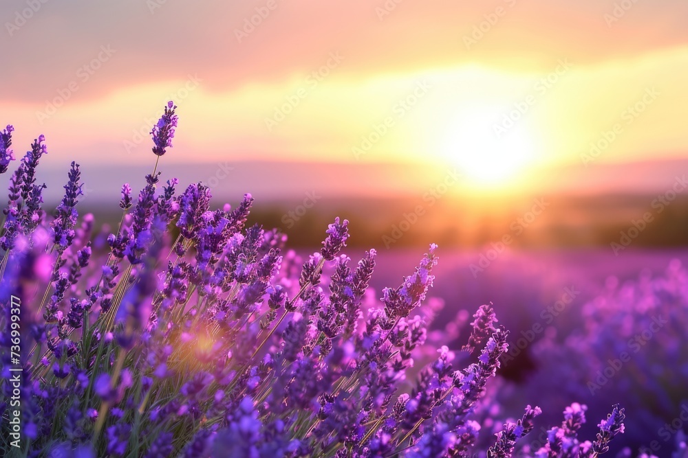 Naklejka premium Sunset over a violet lavender field in Provence