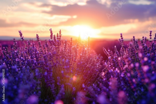 Sunset over a violet lavender field .Valensole lavender fields  Provence  France.