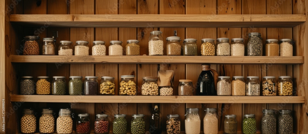 The shelf is lined with wooden shelves holding a variety of glass bottles filled with spices, condiments, and alcoholic beverages The shelf is lined with wooden shelves holding a variety of glass bottles filled with spices, condiments, and alcoholic beverages