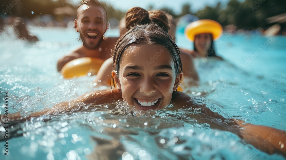 Closeup portrait of child in the water at the swimming pool with defocused parents. Closeup portrait of child in the water at the swimming pool with defocused parents.