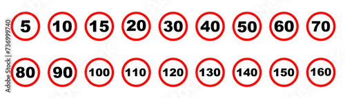 Speed limit signs. Maximum speed roadway signboard. Set of generic speed limit signs. Vector illustration