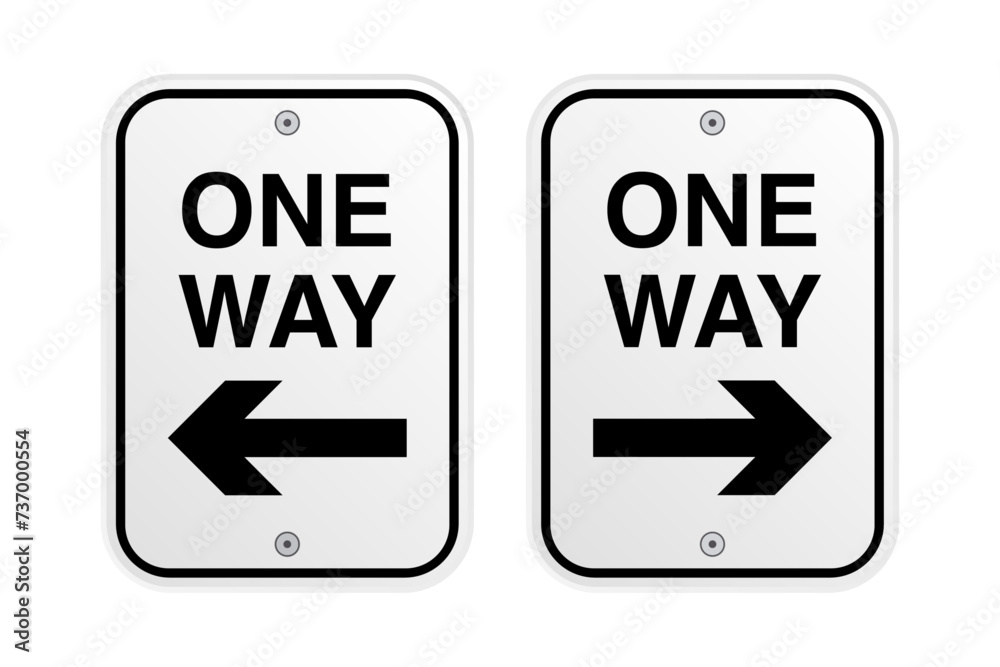 White one way road Signs, One way street sign with left and right arrow. Signs of danger, mandatory, Warning or caution sign. Vector traffic signs illustration. White one way road Signs, One way street sign with left and right arrow. Signs of danger, mandatory, Warning or caution sign. Vector traffic signs illustration.