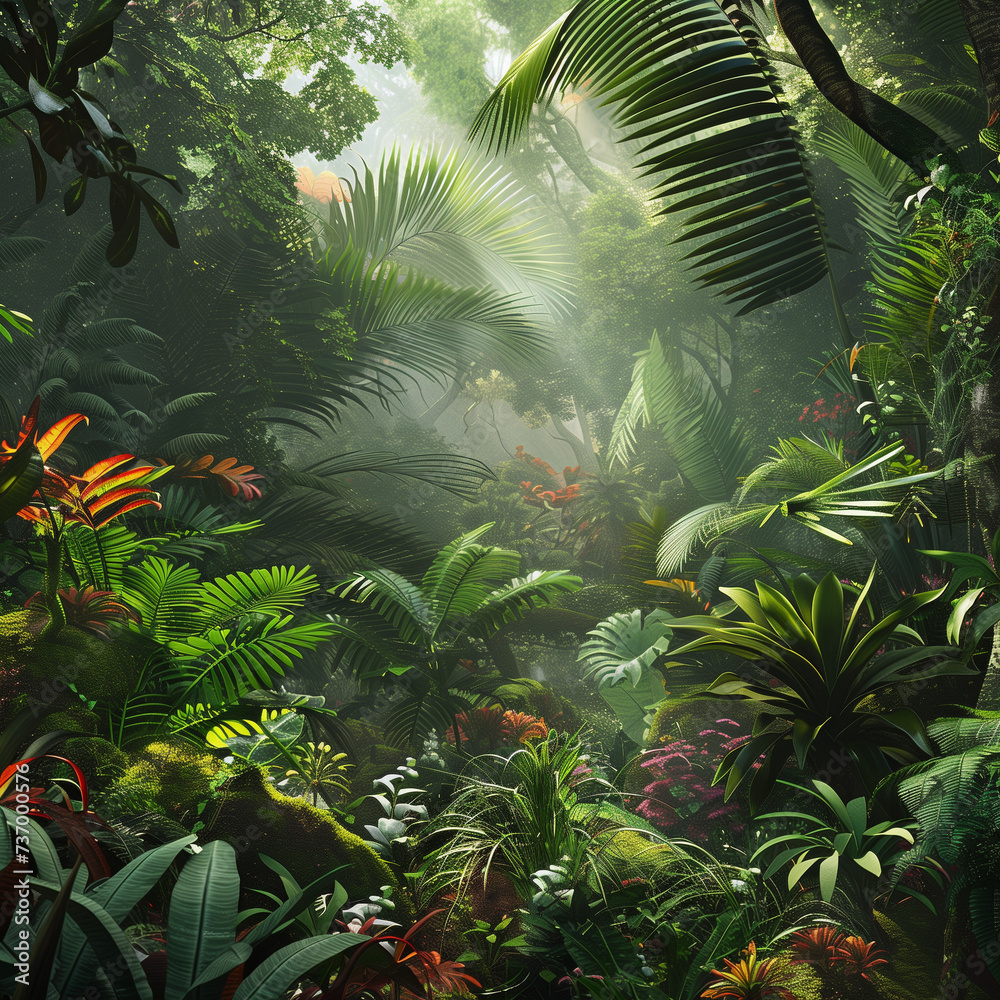 a lush and vibrant rainforest scene with a diverse array of exotic plants and animals