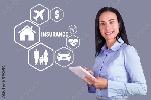 Concept for insurance, home, family, cars, health, travel, money, shopping with an attractive business woman.