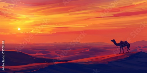 Camel at Sunset Beauty of Desert Landscape with Camel Trekking along the Dunes under Sky painted with Hues of Orange, red, purple embodying Spirit of Adventure created with Generative AI Technology