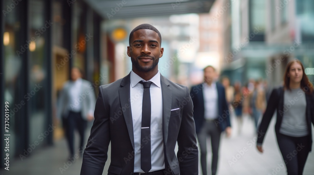 portrait of a handsome smiling white young black businessman boss in a black suit walking on a city street to his company office. blurry crowdy street background --ar 16:9 portrait of a handsome smiling white young black businessman boss in a black suit walking on a city street to his company office. blurry crowdy street background --ar 16:9