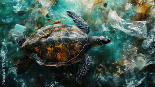 a sea turtle got lost and falls among the garbage, bags, plastic bottles on the ocean floor