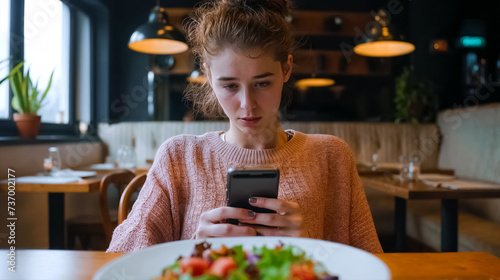 une adolescente regarde son smartphone à table au restaurant photo