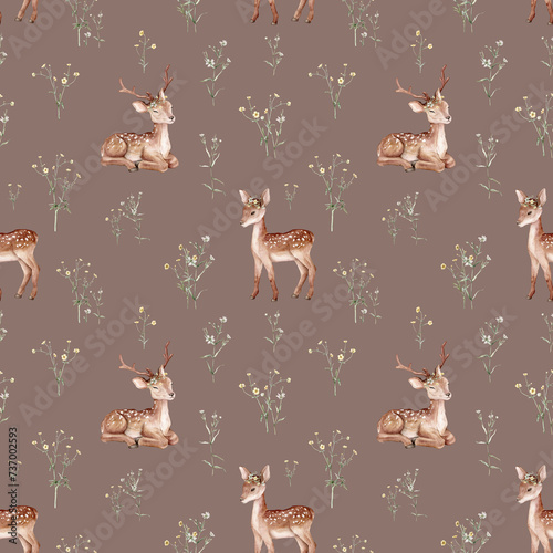 Watercolor seamless pattern baby deer and meadow flowers. Spotted deer isolated on white background. Hand painted wild animal template for fabric. Animal for design print or background. floral branche © Ekatmart