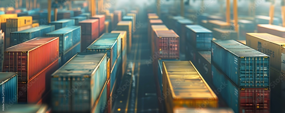 A busy port with rows of stacked shipping containers in a logistic hub. Concept Logistics Hub, Stacked Containers, Port Activity, Shipping Industry, Industrial Landscape - obrazy, fototapety, plakaty 