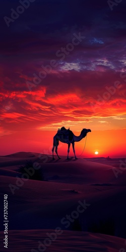 Camel at Sunset Beauty of Desert Landscape with Camel Trekking along the Dunes under Sky painted with Hues of Orange, red, purple embodying Spirit of Adventure created with Generative AI Technology