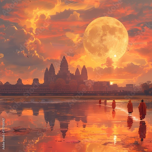 Majestic Moonrise Over Ancient Temple with Silhouetted Figures by Waterfront