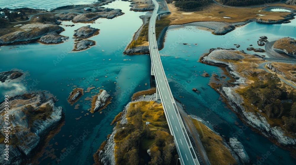 Aerial view Saltstraumen bridge in Norway road above sea connecting islands top down scenery transportation infrastructure famous landmarks scandinavian landscape