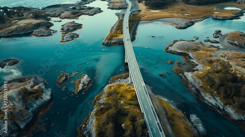 Aerial view Saltstraumen bridge in Norway road above sea connecting islands top down scenery transportation infrastructure famous landmarks scandinavian landscape
