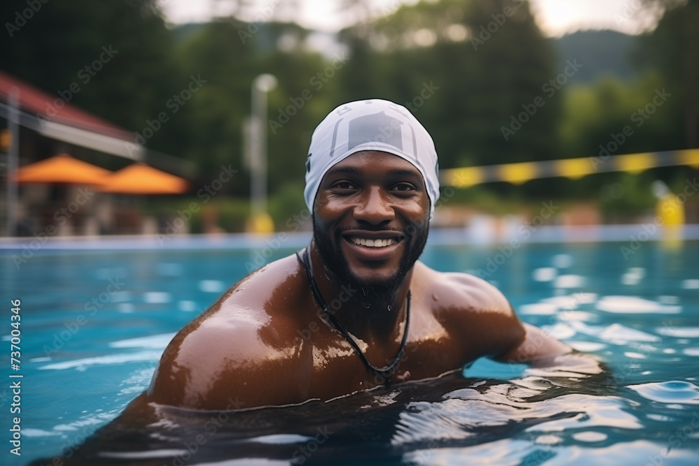Retrato de un hombre negro con gorro de baño nadando en una piscina exterior de un hotel
