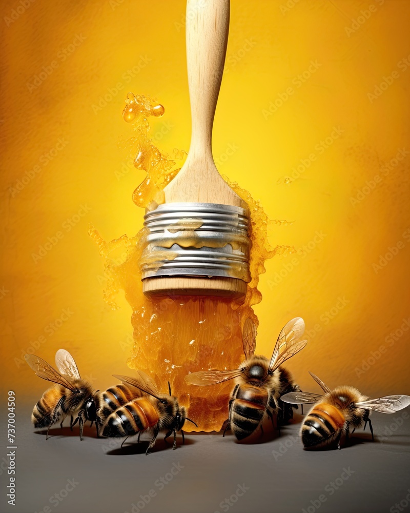 Fototapeta premium Bees eating honey. Closeup macro image. Generative Ai