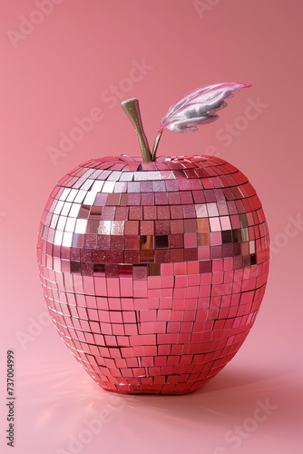an pink apple as a disco ball on pink background