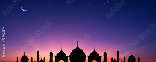Panoramic view of silhouette mosque domes and crescent moon with star and majestic light on colorful twilight sky background during iftar period in Ramadan Holy month, illustrations