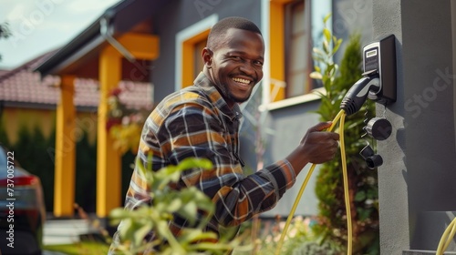 Electrician man smiling and installing a home charging.