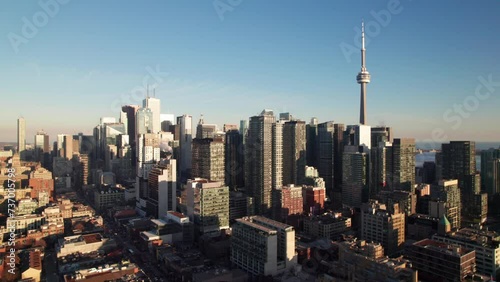 Toronto skyline from Kensington Market area. 4K aerial photo