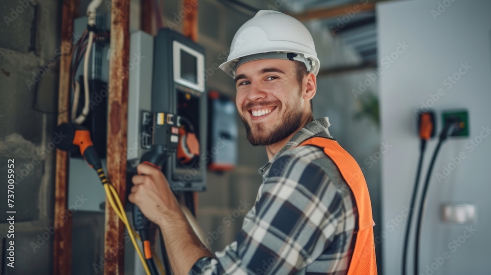 Electrician man smiling and installing a home charging.