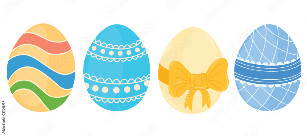 Easter Eggs with patterns. Design elements for holiday cards, poster, scrapbooking, stickers. Happy Easter collection with different texture. Cartoon flat style Vector illustration Easter Eggs with patterns. Design elements for holiday cards, poster, scrapbooking, stickers. Happy Easter collection with different texture. Cartoon flat style Vector illustration