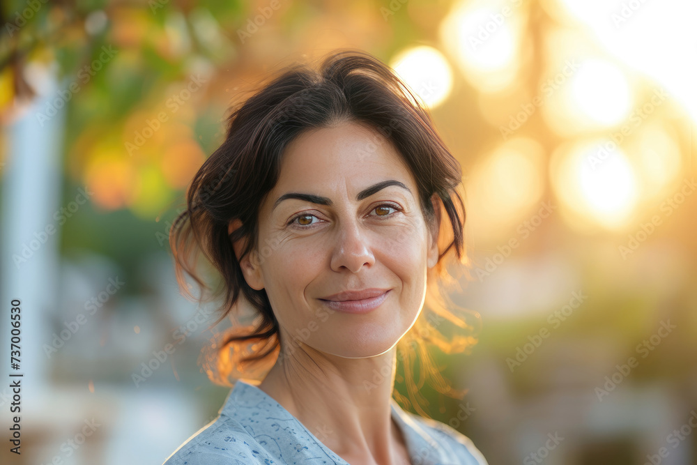 Headshot of beautiful mature Middle Eastern woman with blurred nature background in soft morning sunlight. Old age skin care concept Headshot of beautiful mature Middle Eastern woman with blurred nature background in soft morning sunlight. Old age skin care concept