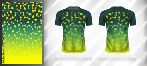 Vector sport pattern design template for V-neck T-shirt front and back with short sleeve view mockup. Dark and light shades of green-yellow color gradient abstract geometric texture background.