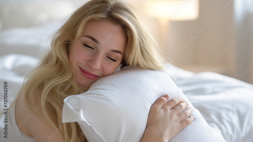 A young woman with blonde hair sitting up in bed, hugging a white pillow to her chest, smiling gently in a moment of leisure A young woman with blonde hair sitting up in bed, hugging a white pillow to her chest, smiling gently in a moment of leisure
