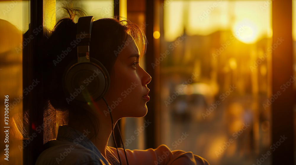 Profile of a young woman with headphones, her face illuminated by the warm glow of sunset streaming through the cafe window Profile of a young woman with headphones, her face illuminated by the warm glow of sunset streaming through the cafe window