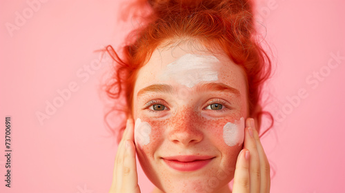 Redheaded adolescent applying sunscreen on her face, against a pastel pink backdrop, illustrating the importance of protection from harmful UV rays for skin care
