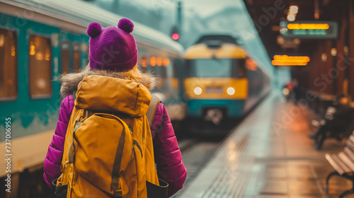 Solo traveler with a vibrant backpack, standing at a train station, gazing at a pastel-colored departing train, embodying the anticipation of new discoveries
